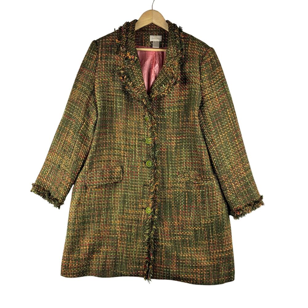 Vintage Tweed Long Coat Olive Green Pink Large Fringe Hem Sherlock Missing Buttn